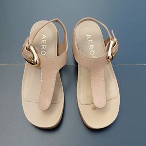 AEROSOLES Women's California   Beige Leather  Sandals with Gold Buckle - 5.5M